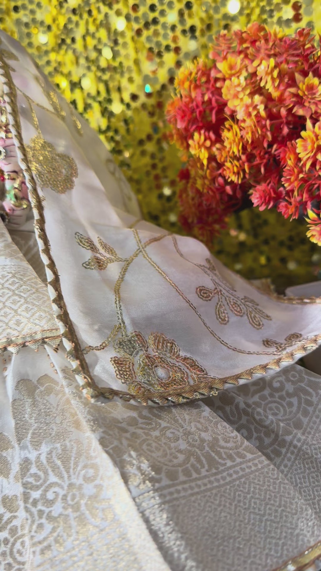Load video: 🌟 Mata Rani (White with golden print)