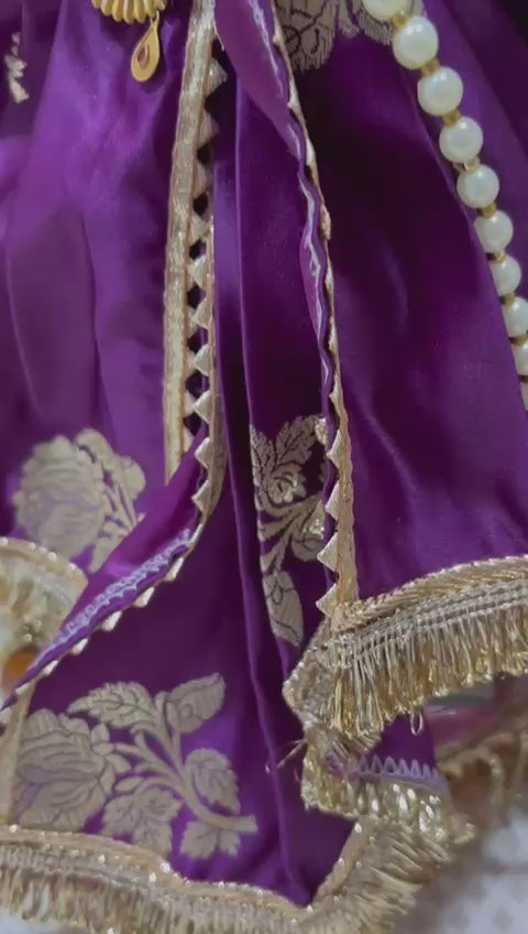 Load video: Royal Purple Radha Krishna Poshak with Gold Zari &amp; Pearl Work