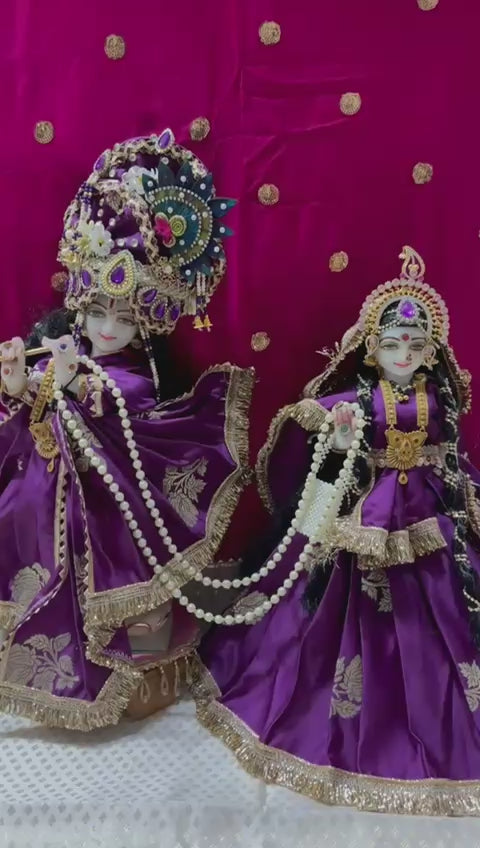 Load video: Royal Purple Radha Krishna Poshak with Gold Zari &amp; Pearl Work
